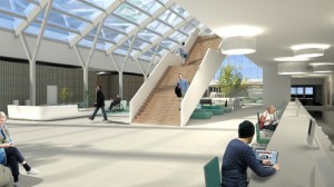 Impressie van het atrium, entree voor patiënten. Illustratie: Inbo