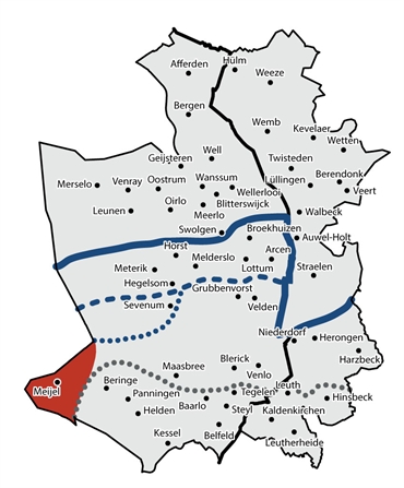 Grijze stippellijn: tot dusver veronderstelde grens tussen noord en zuid Blauwe doorlopende lijn: nieuwe grens volgens Bakker. Tussen de blauwe doorlopende lijn en de blauwe streepjeszone ligt een tussenzone.