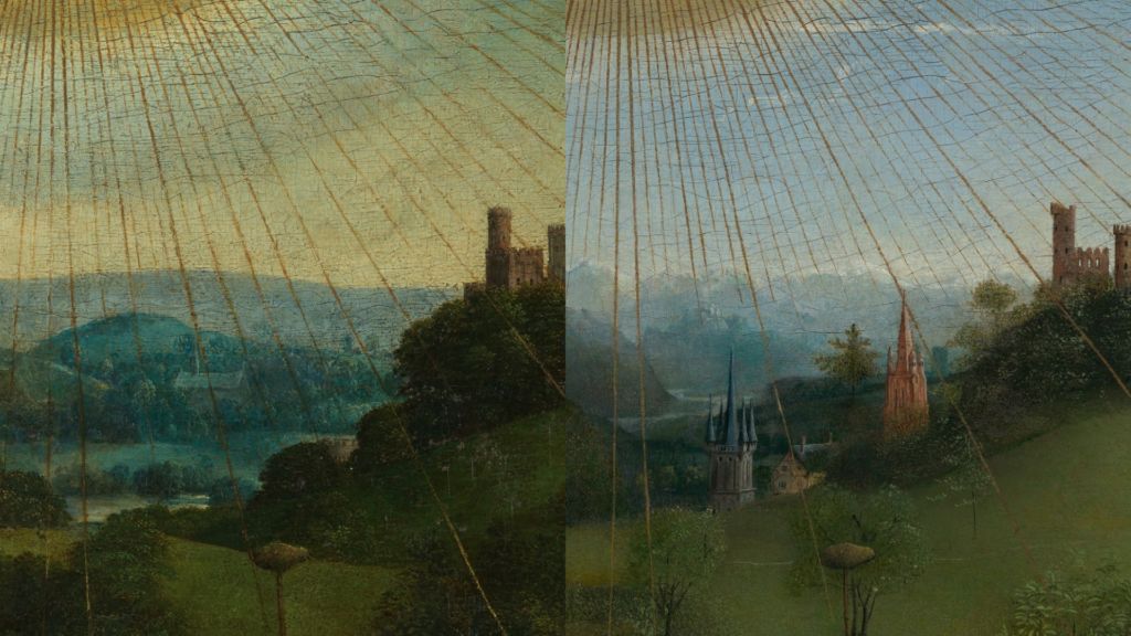 Achtergrond van het middenpaneel voor (links) en na (rechts) restauratie. Bron: http://closertovaneyck.kikirpa.be/