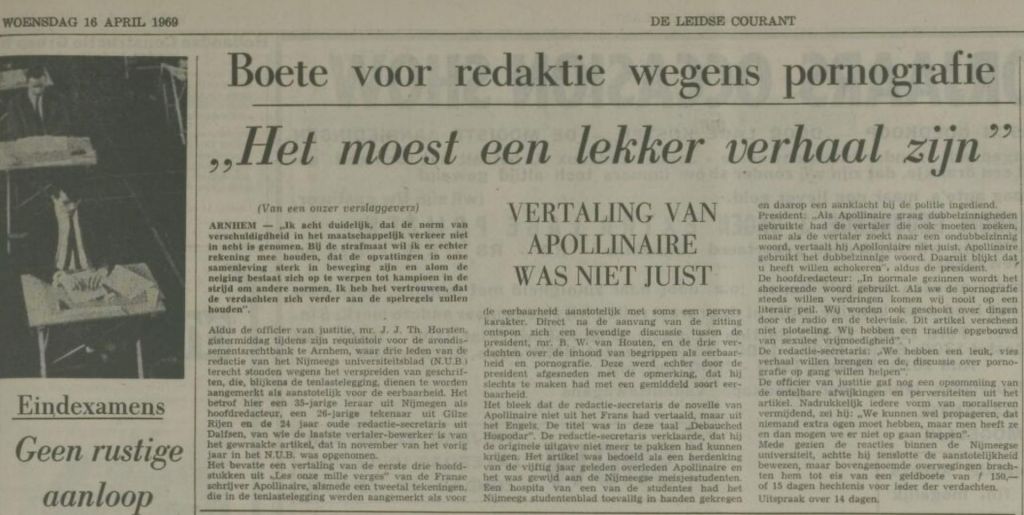 Berichtgeving in De Leidse Courant van 1969 over een verhaal van het Nijmeegs Universiteitsblad.